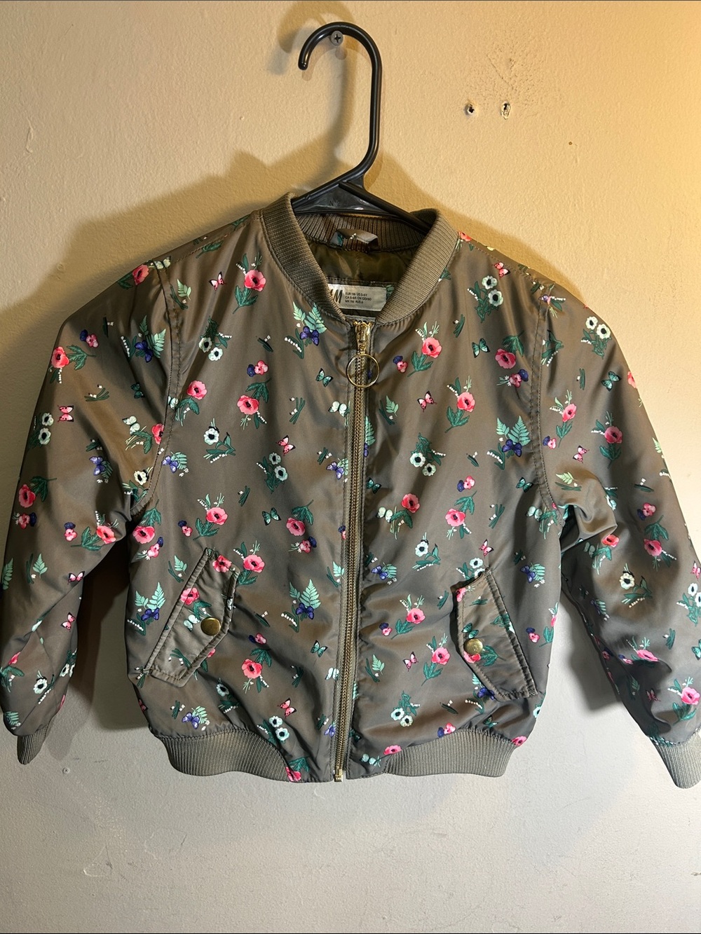 H&M Olive Floral Bomber Jacket with Pink & Blue Flowers Girls Size 5/6